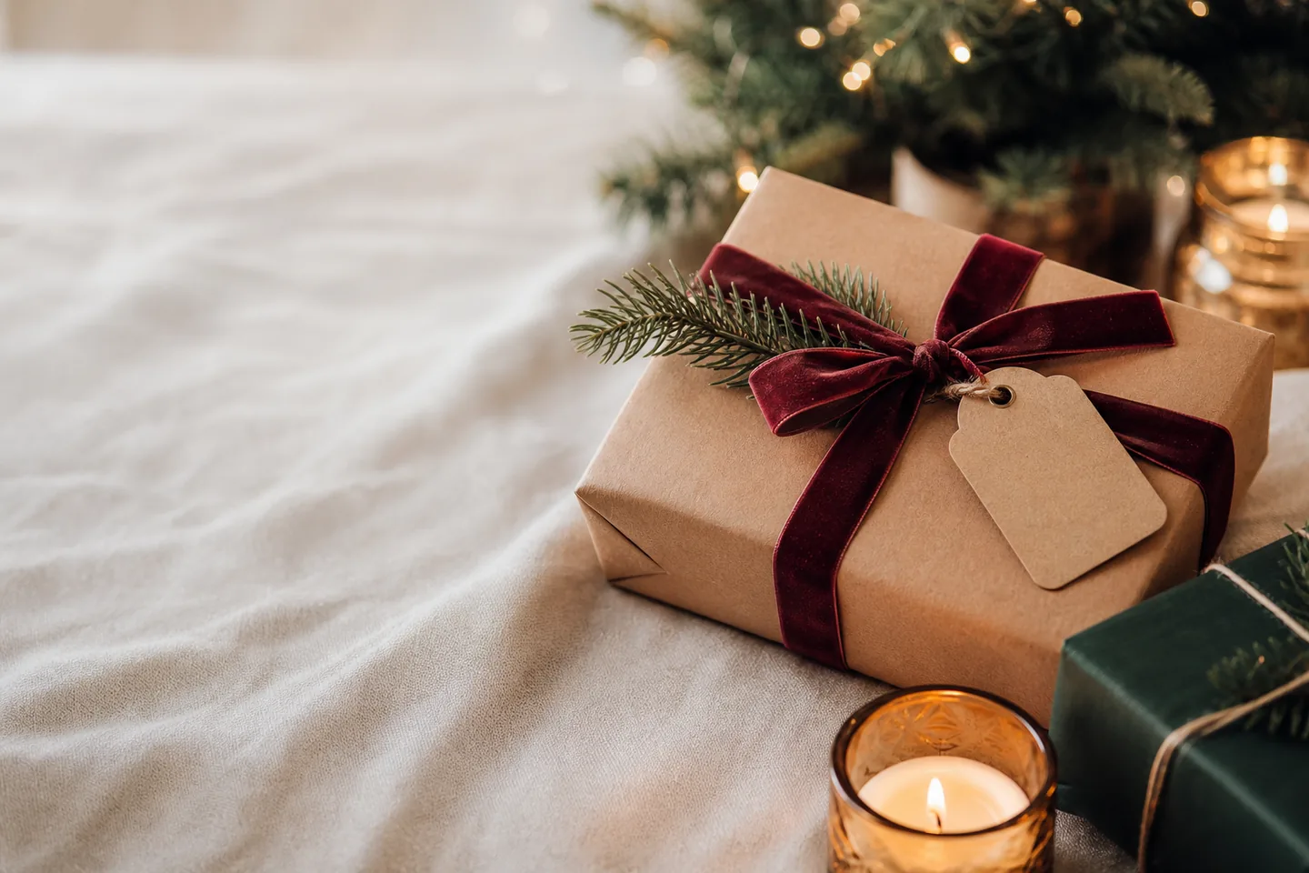 A kraft-paper Christmas gift with cranberry velvet ribbon and evergreen sprig