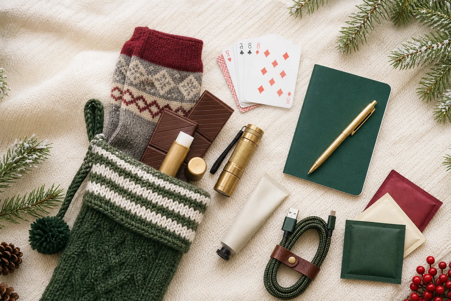 An evergreen stocking with cards, socks, a flashlight, hand cream, chocolate, and a charging cable